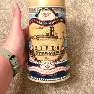 Vintage Miller High Life Beer Stein 7" Tall The First River Steamer 4th Series